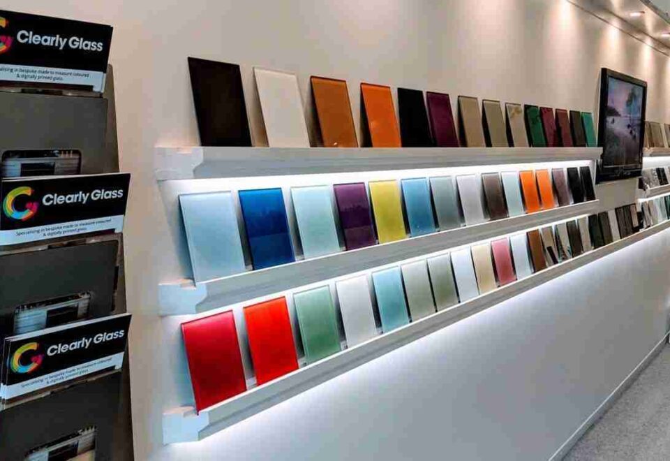 Selection of glass samples available for retail and trade customers in the South West for glass splashbacks.