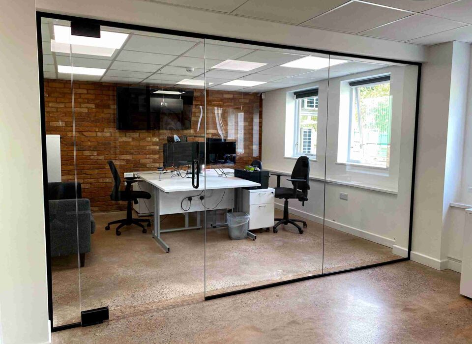 Internal glass office partition supplied and fitted by Clearly Glass Ltd, leading glass suppliers in Devon